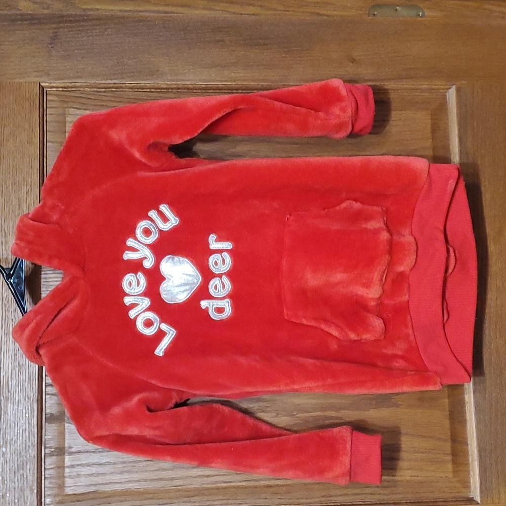Girls Red Christmas Reindeer Hoodie.